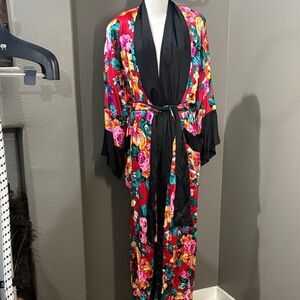 Floral Women's Kimono Cardigan with Black Trim